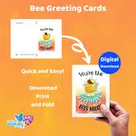 Printable bee greeting cards in bright appealing colours.