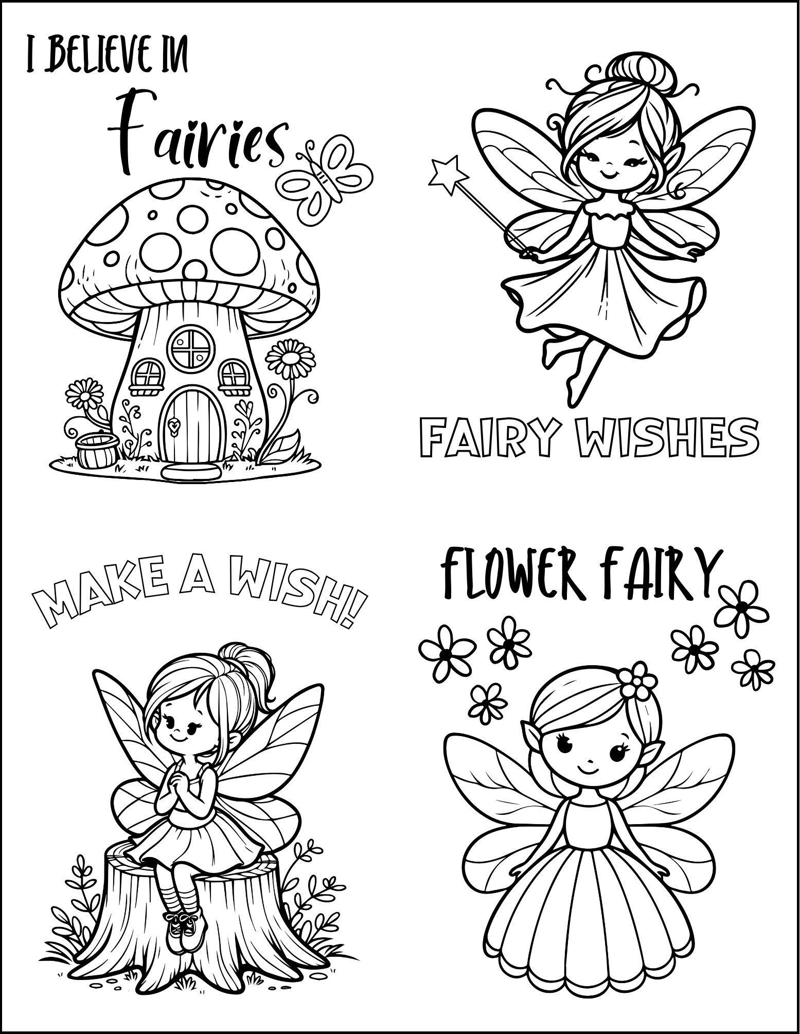 Fairy card fronts with images of fairies and a toad house.