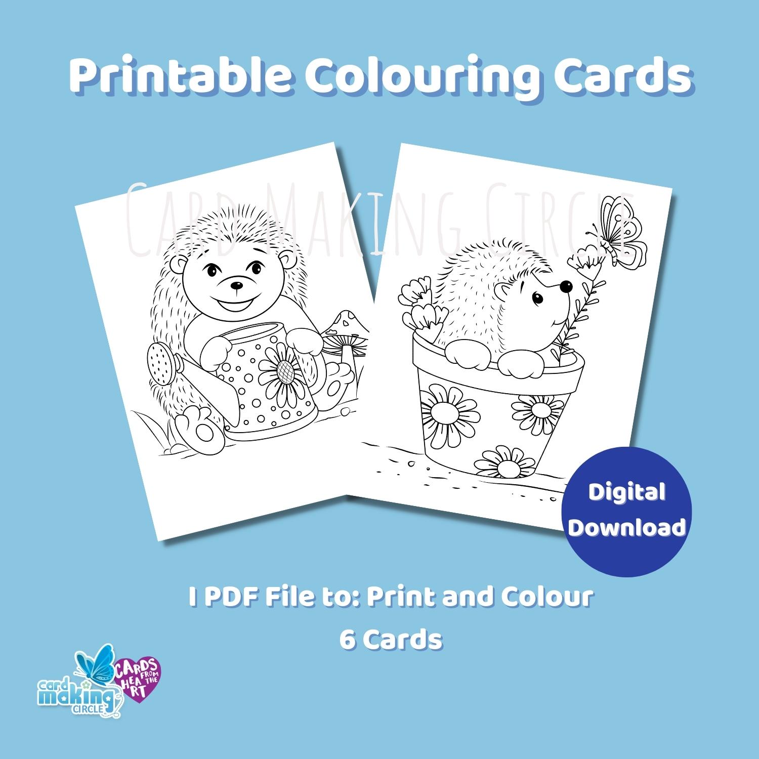 A set of headgehog colouring cards to download, colour and print.