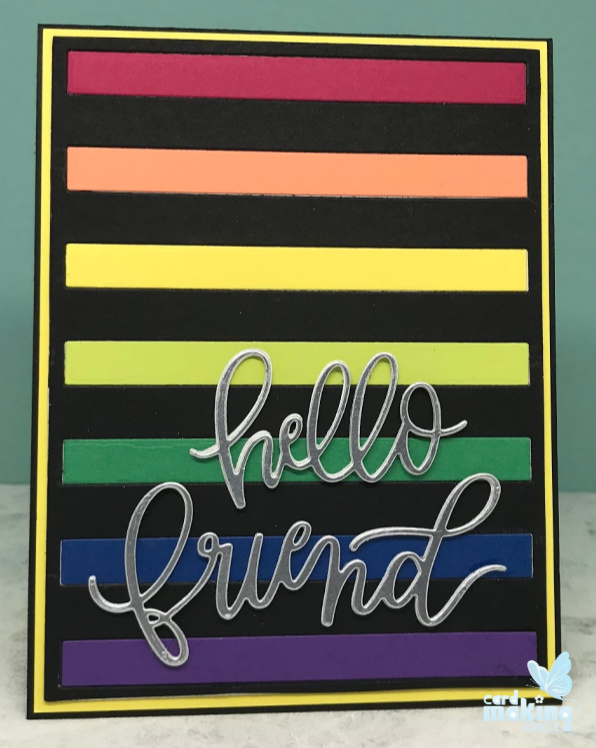 Inlaid die cutting rainbow card made with the bold stripes cover die from My Favorite Things stamps