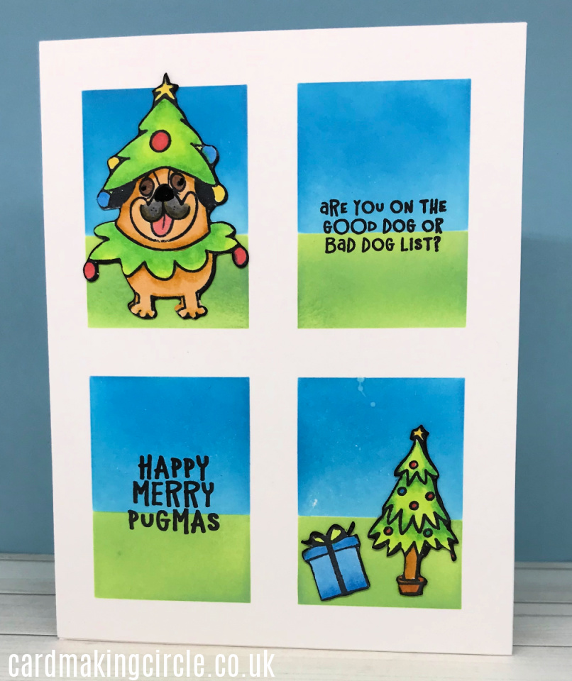 A cheeky pug Christmas card using images from Whimsy Stamps.