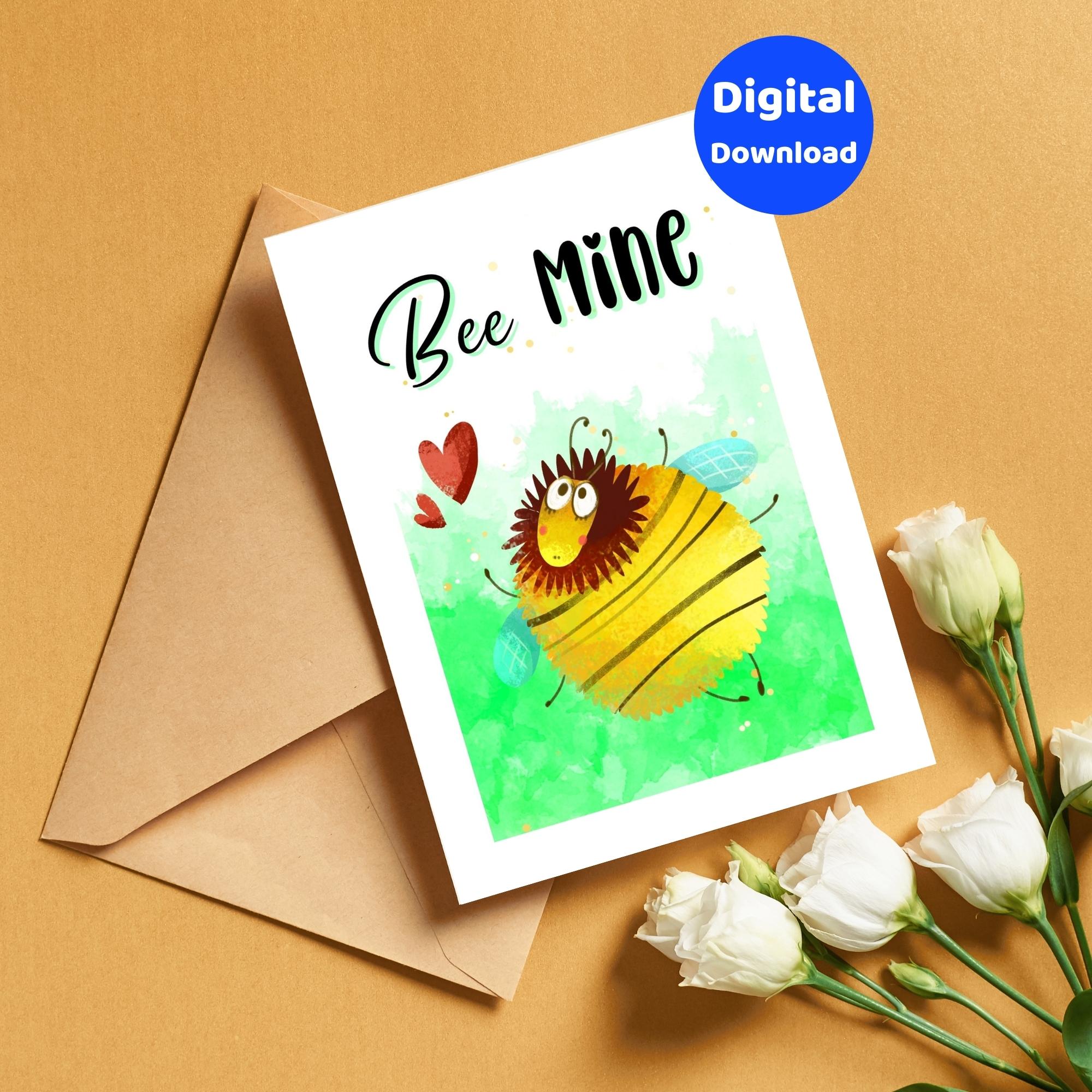 A printable bee greeting card with the sentiment "Bee Mine".