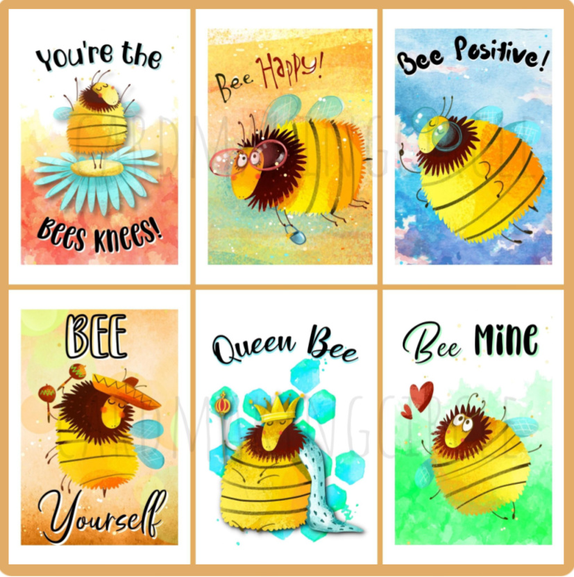 A collection of printable bee greeting cards for digital download.