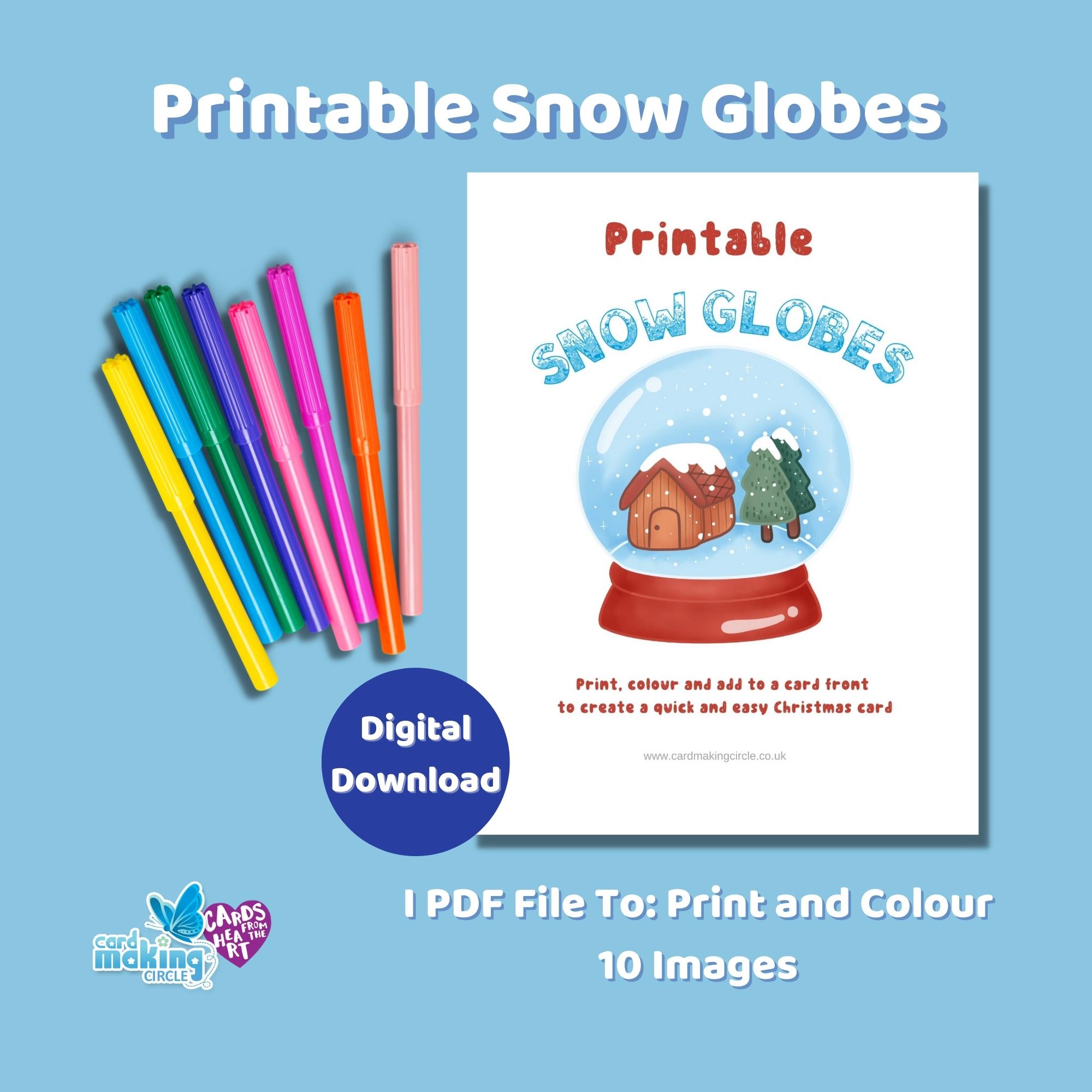 Ten printable snow globes to print, colour and use to create your own handmade Christmas cards.
